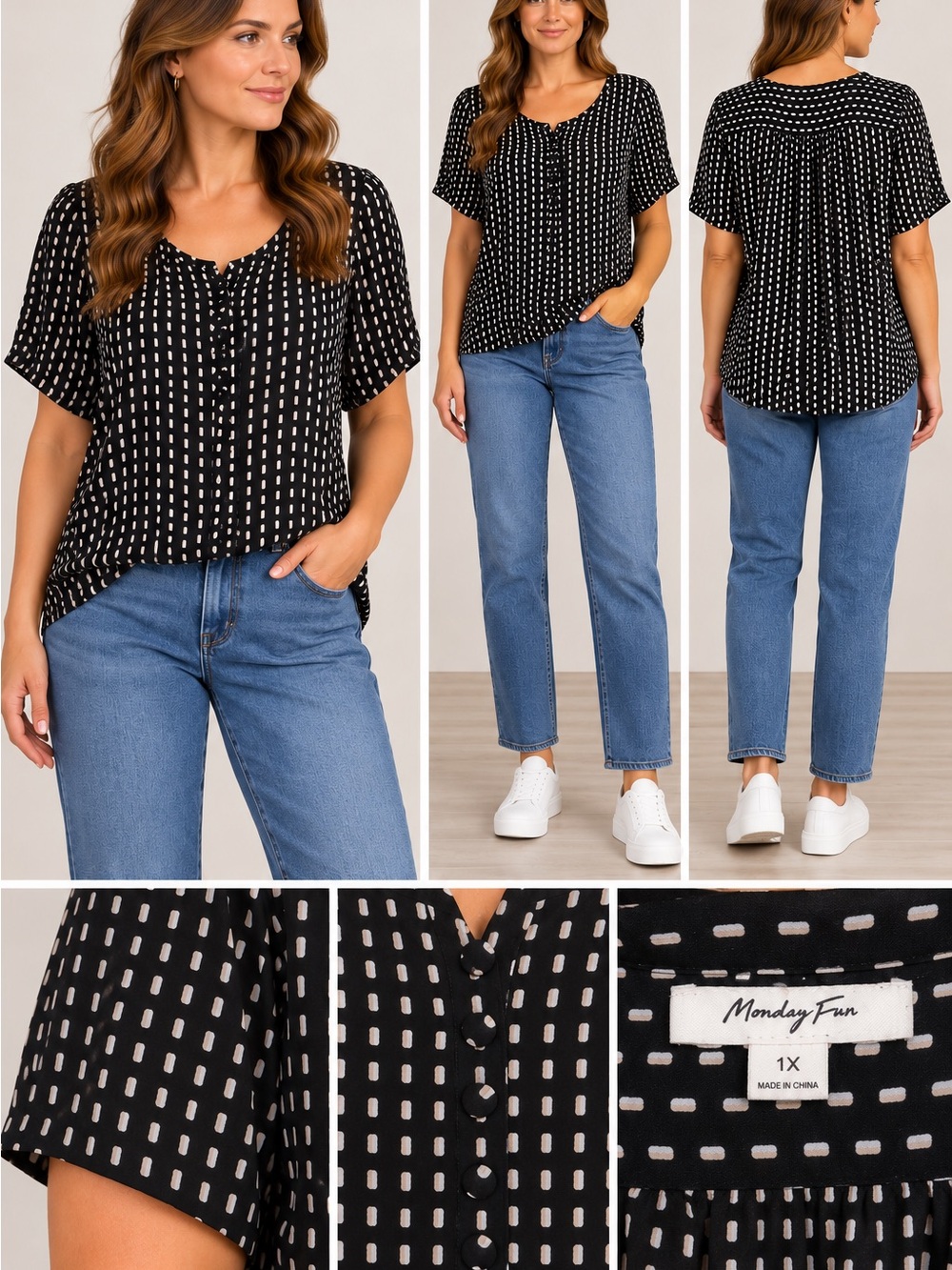 Monday Fun Black Dot-Pattern Short Sleeve Blouse